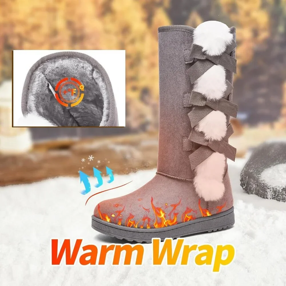 Women's Warm Mid Calf Boots Fuzzy Ladies Booties Classic Bow Tie Grey